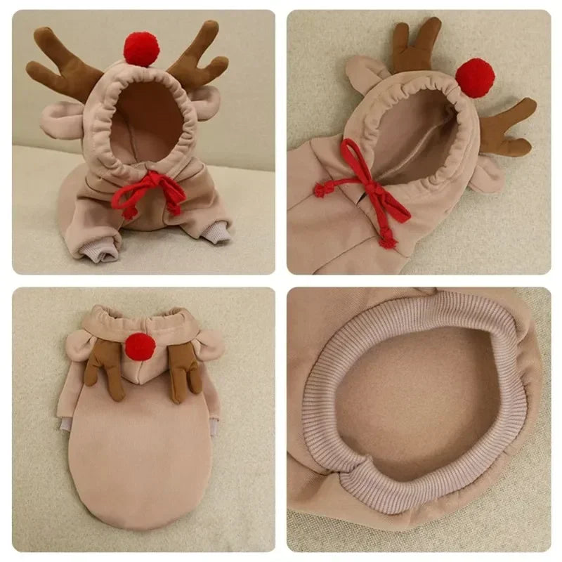 Christmas Pets Antler Coat Winter Hooded Sweatshirt Small Medium Pet Puppy Cat Jacket Clothes Chihuahuas French Bulldog Costume