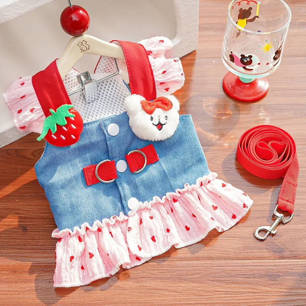 Strawberry Denim Dog Harness Dress