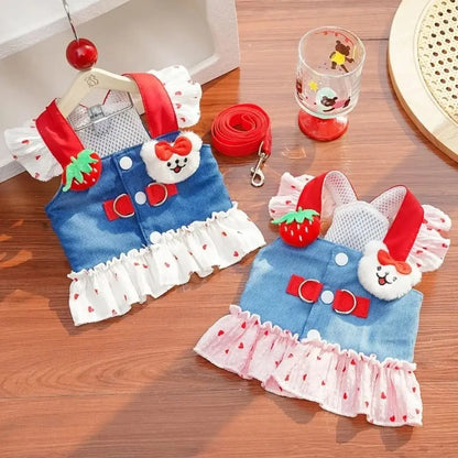Strawberry Denim Dog Harness Dress